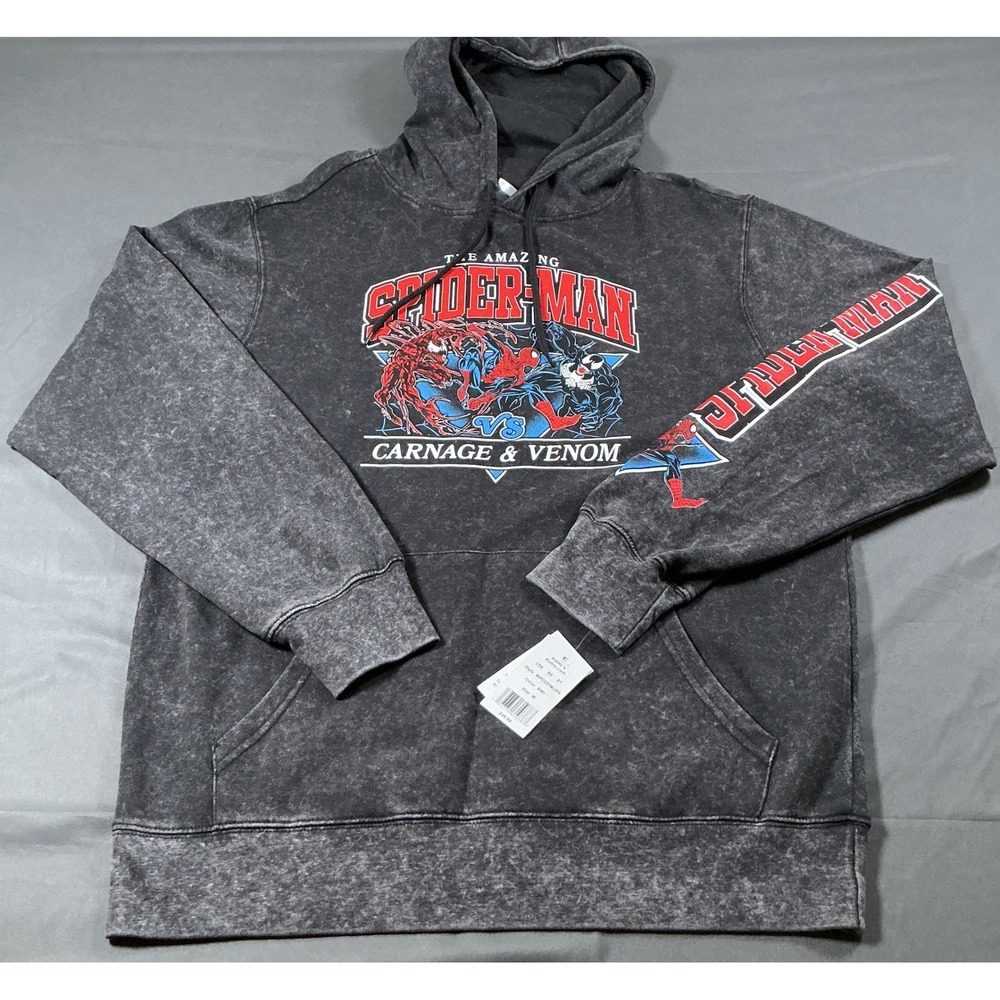 Marvel Spider-Man vs Carnage & Venom Hoodie Mens Medium Black Mineral Wash NWT